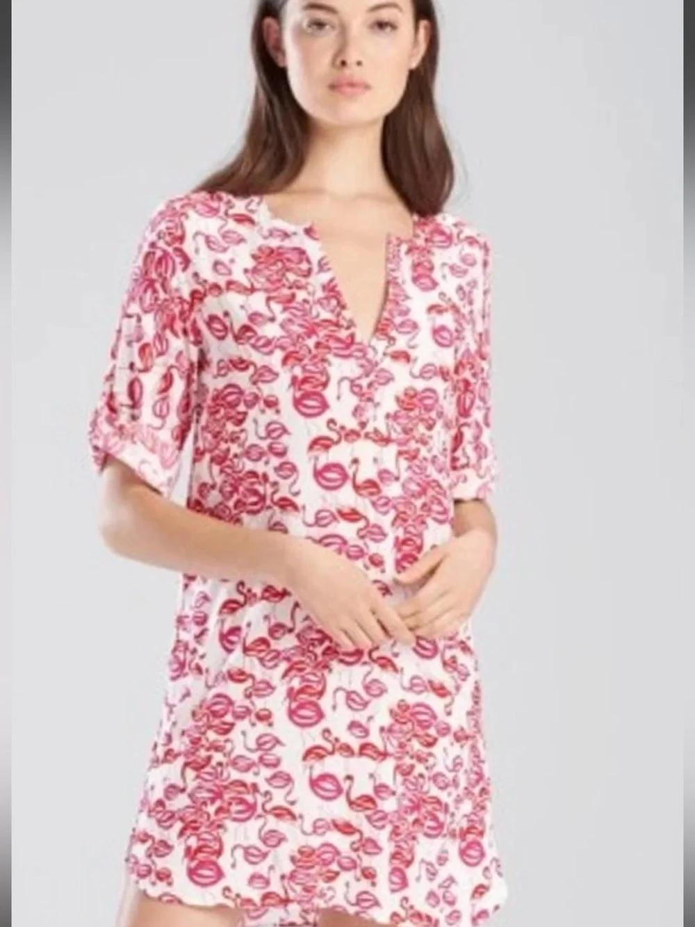 Josie Natori Flamingo Print Sleep Shirt Pajamas Large Red White Coastal Resort